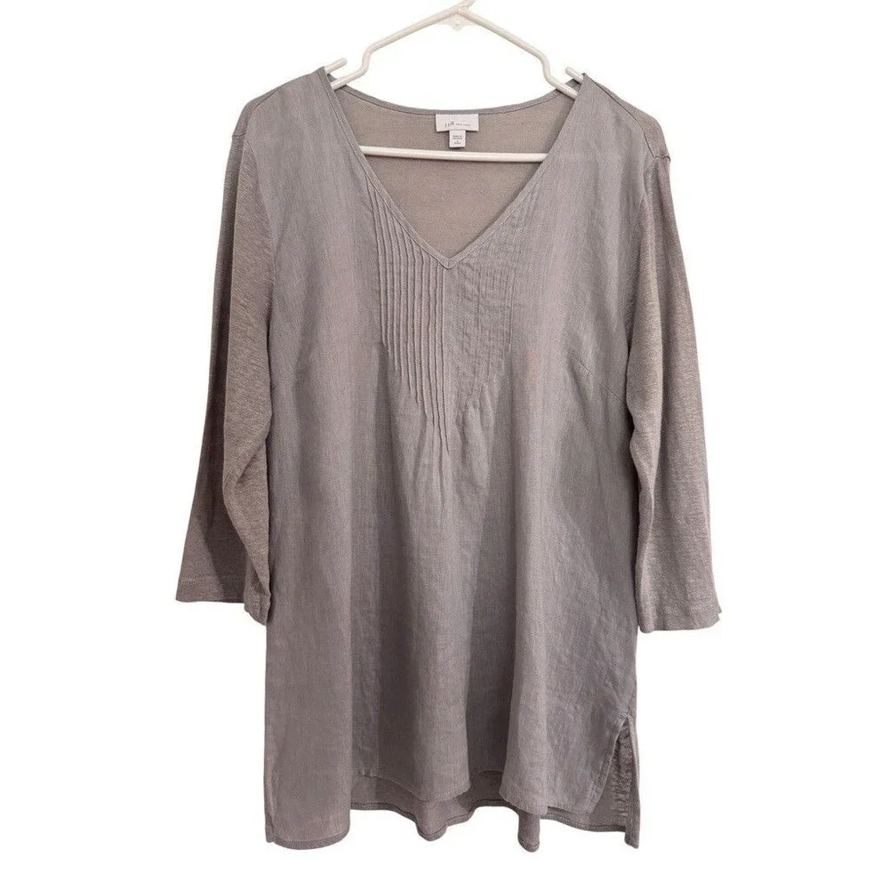 J. Jill Love Linen Sz LARGE PETITE Gray Pintucked Tunic Top 3/4 Sleeve Coastal